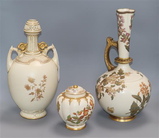 Two Royal worcester vases and a lidded pot